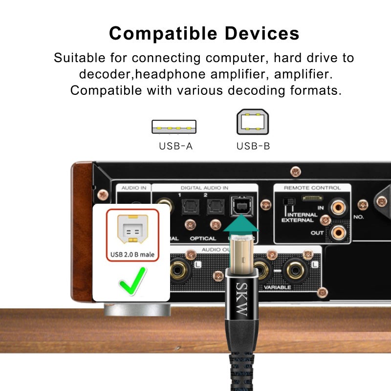 SKW Audiophiles USB 2.0 DAC Audio Cable USB Type A to USB Type B Printer Cable for Computer to DAC, Sound Card, or Headphone Amplifier 6.5ft(2m) - Image 5